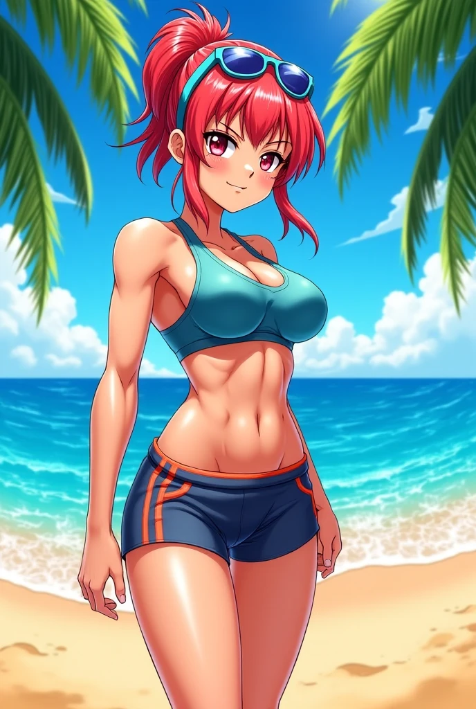 one girl, medium hair, red hair, brown eyes,big breasts,strong abs,(happy smile,clenched teeth), (makeup),red bikini,standing,hands behind back,suntan,beach,wet body, pov from front