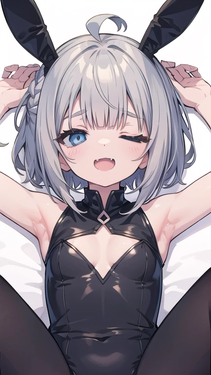 1girl,looking up,pov,From above,long hair,White hair,grey eyes,shiny hair,breasts,masterpiece, best quality, very aesthetic, absurdres,upper body,front view,face focus