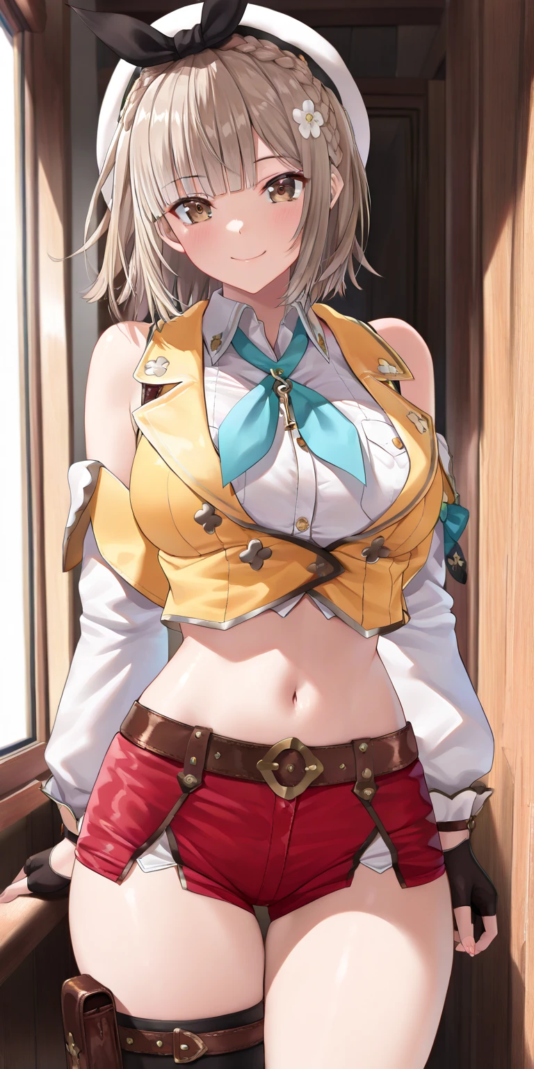 masterpiece, 1girl, sparrow, a blonde haired girl, wearing a brown viking clothes, curly medium hair, messy hair, slim body, wearing furry capelet with hoody, he close her left eye, shirt ornament, aqua eyes, sho show her back, ahoge, red vest, baby face, big breast, beautiful breasts, rounded breasts, braid hair, long sleeves, beautiful eyes, white stocking, droopy eyes, her age is 19 years old, smile, ancient viking
