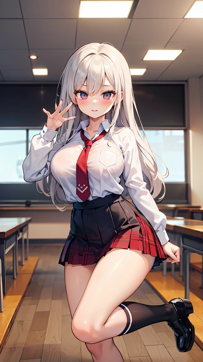 (8K, Best Quality, Masterpiece:1.3)), Ultra High Resolution, (1 Girl, 1 Person), (Color Changing Eyes, Super Detailed, Expressive Sparkle, Sparkling, Glowing Eyes), Highly Detailed Eyes, Highly Detailed Face, Random Hair, (Silver Gray Color), "Woman wearing a blazer with a low neckline." The background is a school hallway, with light coming in through the windows brightly lighting up the entire hallway. It is after school, and the hallway is quiet. The woman is captured from an angle above, with her silver hair tied in twin tails.

She is wearing a navy blue blazer with a low neckline. The V-shaped cut of the blazer emphasizes her chest, and a cute yellow bra can be seen underneath. The bra has a small floral design, and the fabric of the blazer fits her body. The skirt of the uniform is above the knees, and the front of the blazer seems to be slightly open.

She has a relaxed smile on her face, with a slight blush on her face. Her figure blends in with the tranquil atmosphere of the hallway, and the lighting in the background adds a soft glow to the whole image.