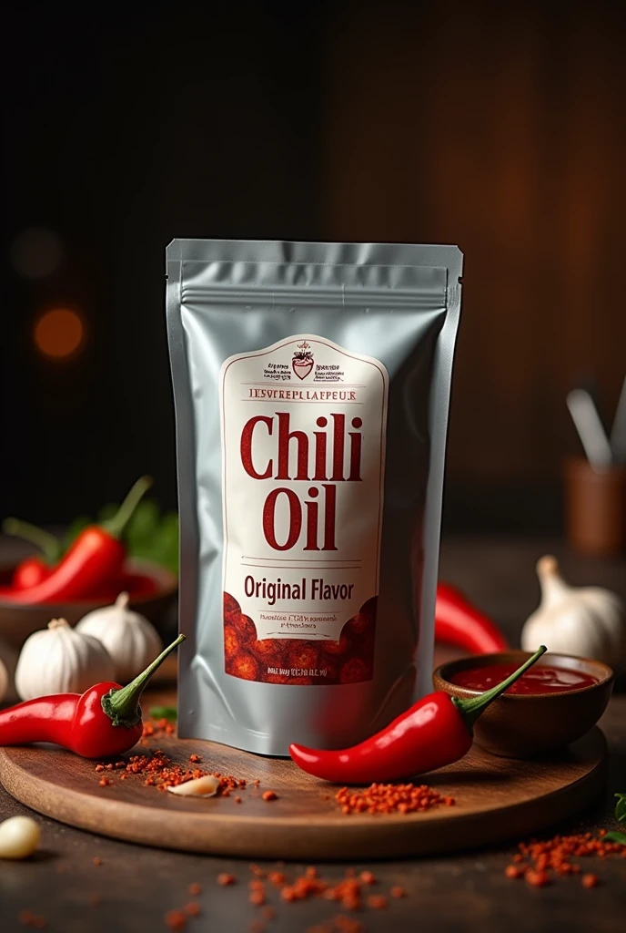 "Create a promotional image for a premium chili oil product named 'Al Amiin Original Flavor.' The text must red dark color, The chili oil is packaged in a sleek, gray aluminum foil retort pouch designed for steamer and sterilization. The pouch has a flat, flexible design with a front label featuring elegant product named "Al Amiin Natural" "Chili Oil Original Flavor" in red, Place the retort pouch in the center of the image on a rustic wooden table, slightly leaning against a small bowl of chili oil. Surround the pouch with fresh red chili peppers, garlic cloves, and a sprinkle of chili flakes. The background should be a dark, blurred kitchen scene with warm lighting to create a cozy, artisanal feel. Add a subtle text overlay in the upper right corner that reads 'Spice Up Your Meals with Al Amiin - RM12 Only.'"