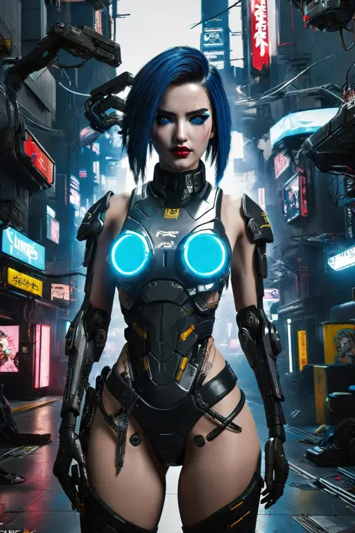 Award-winning photo from the waist up, blue-haired woman showing her face, alone, from the torso up, with cybernetic enhancements with tattoo of magical symbols, in front of cyberpunk buildings, vibrant, photorealistic, hyperrealism, strong impressionist painting style, 1,618, elegant, ethereal, intricate, elaborate, hyper-realism, hyper-detailed, strong expressiveness and emotionality, cinematic lighting, visual clarity