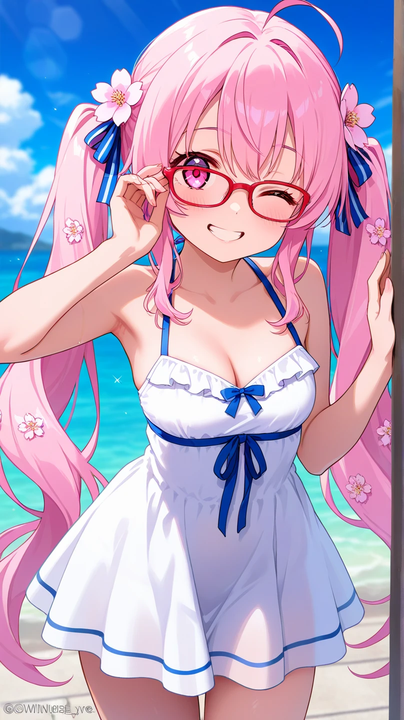 ((masutepiece, Best Quality)), Edge Quality,
Edgyvic,Bikini under clothes, 1girl in, Solo, Long hair, breasts, Looking at Viewer, blush, Smile, Open mouth,Swimsuit, White shirt, bikini of, Outdoors, day, Collared shirt, See-through, Wearing an edge vik