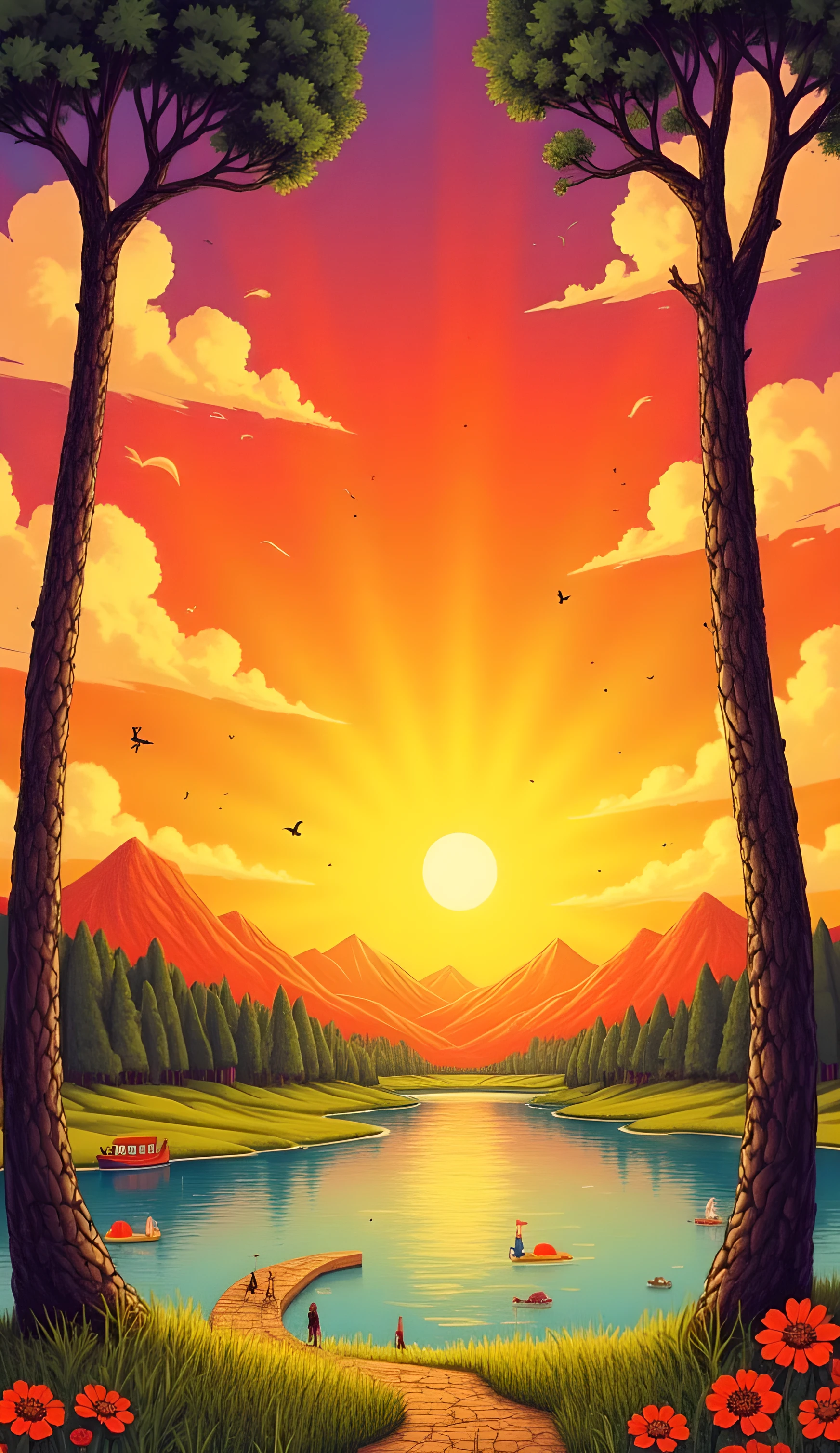 grasses land beside many tree . A vibrant and intricately detailed illustration of various flowers ,A vibrant and style landscape above a serene lake. a large, radiant VECTOR flat flat sunrise against a dramatic red and yellow sky, surrounded by a tranquil forest . Lush green leaves and branches scene, enhancing the natural feel. The BLUE water glistens with hues of blue and orange,capturing the beauty of a serene sunrise.big flat land surface grass stone road and wood center of view , A vibrant and colorful scene featuring a illustrator design,grass under colorful land on grasses, .This image features a charming, cartoon-style illustration ,The soft colors and whimsical design create a tranquil and inviting atmosphere. If you have any specific questions or requests related .