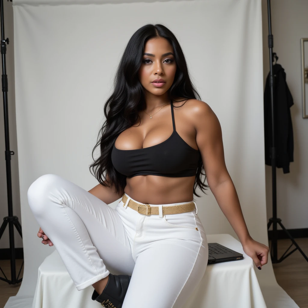 Alliyah, role model, tanned and textured skin,, long straight black hair, new, sitting on a lounge chair. The background is a gray recording studio, is blurred,Photoshoot, global illumination, 4K image, ultra-detailed,