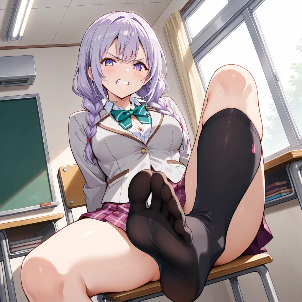 indoors, classroom, sitting at desk, Edelgard, multi view upper body, upskirt panties view, legs together, a3r1th, peeing, peeing herself, perfect female figure, Edelgard, holding pen, silver hair, purple eyes, red pantyhose, school uniform black shorts, hair ribbons, black ankle boots, looking down nervously, shy, embarrassed, aroused, shocked, panicking, worried, outdoors, very desperate to pee, urination, legs crossed, rape face, full-face blush, high detail, Realism, Hyperrealism, multiple views, wide shot, pov, from above, ccurate, masterpiece, highres, UHD, anatomically correct, super detail, best quality, highres, 8k