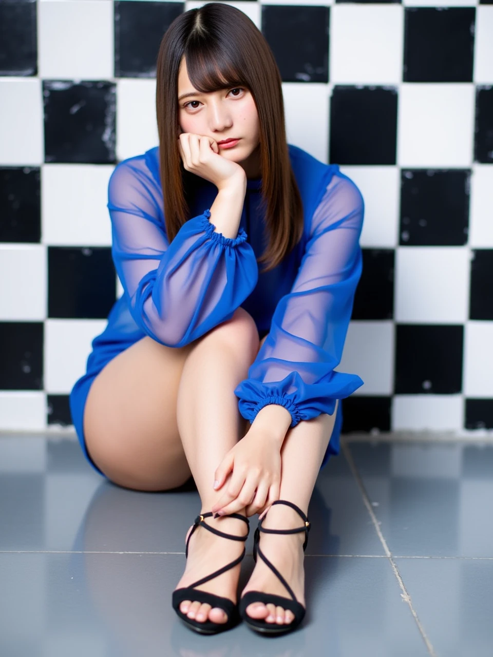 The image shows a young woman named kuboshi sitting on the ground in front of a black and white checkered wall. She is wearing a blue sheer blouse with a ruffled neckline and a pair of black high-heeled sandals with straps. Her feet are very clean and seem to be well maintained. Her legs are crossed and she is resting her chin on her hand. She has long, straight, dark hair, styled with blunt bangs and is looking directly at the camera with a serious expression. The overall mood of the image is edgy and provocative.