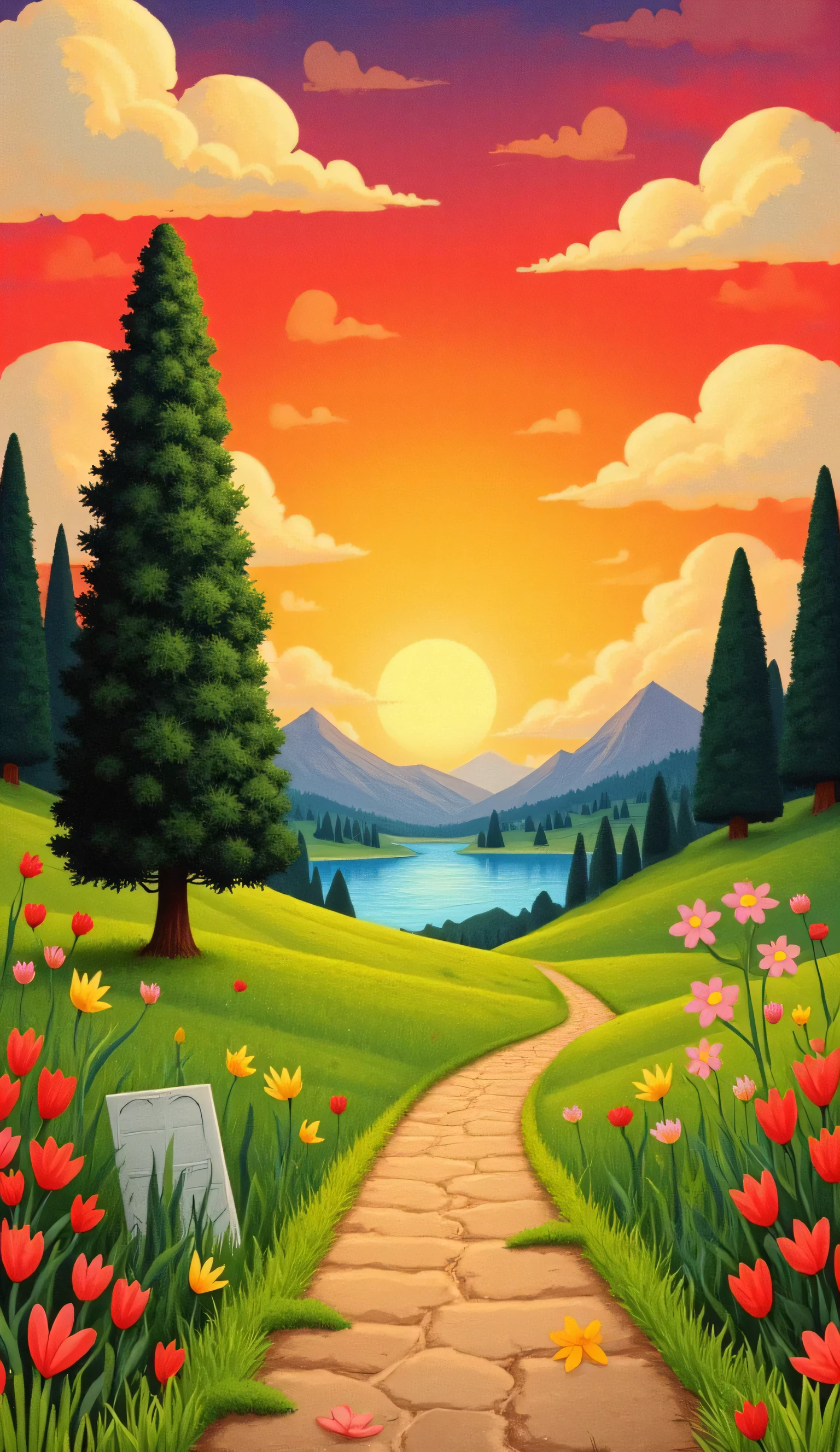 grasses land beside many tree . A vibrant and intricately detailed illustration of various flowers ,A vibrant and style landscape above a serene lake. a large, radiant VECTOR flat flat sunrise against a dramatic red and yellow sky, surrounded by a tranquil forest . Lush green leaves and branches scene, enhancing the natural feel. The BLUE water glistens with hues of blue and orange,capturing the beauty of a serene sunrise.big flat land surface grass stone road and wood center of view , A vibrant and colorful scene featuring a illustrator design,grass under colorful land on grasses, .This image features a charming, cartoon-style illustration ,The soft colors and whimsical design create a tranquil and inviting atmosphere. If you have any specific questions or requests related .
