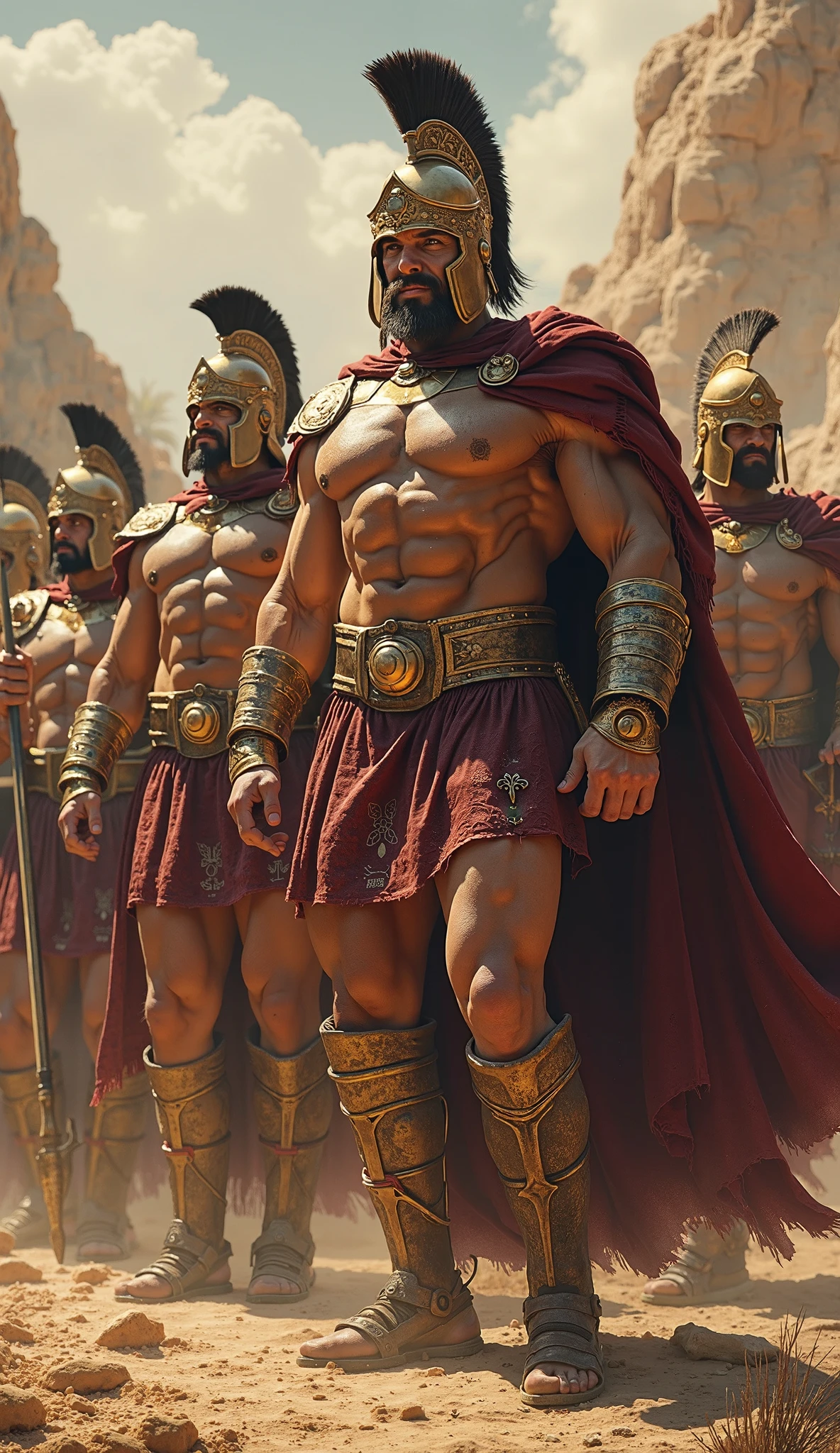oil painting,Impressionism,300sprtns, otherworldly, best quality, masterpiece, trending on arstation, ancient Greeks, ancient Spartans, red capes, round shields, spears, Corinthian helmet, men, cinematic lighting, wide angle shot,<lora:300sprtns:0.7>,best quality,masterpiece,