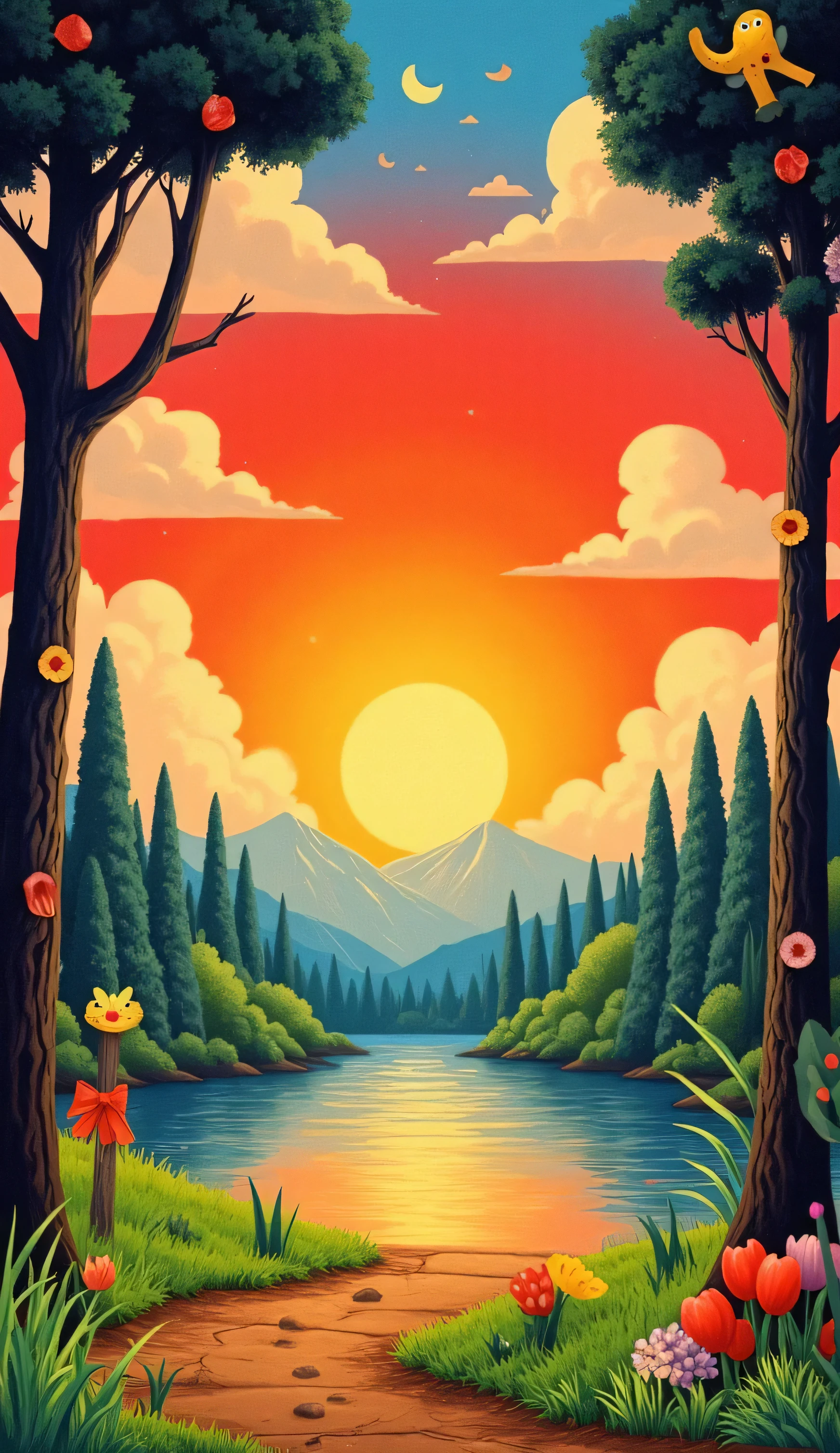 grasses land beside many  tree .  A vibrant and intricately detailed illustration of various flowers ,A vibrant and   style landscape above a serene lake.  a large, radiant VECTOR flat flat sunrise against a dramatic red and yellow sky, surrounded by a tranquil forest . Lush green leaves and branches scene, enhancing the natural feel. The BLUE  water glistens with hues of blue and orange,capturing the beauty of a serene sunrise.big flat land surface grass stone road and wood center of view  , A vibrant and colorful  scene featuring a illustrator design,grass under colorful land on grasses, .This image features a charming, cartoon-style illustration ,The soft colors and whimsical design create a tranquil and inviting atmosphere. If you have any specific questions or requests related .