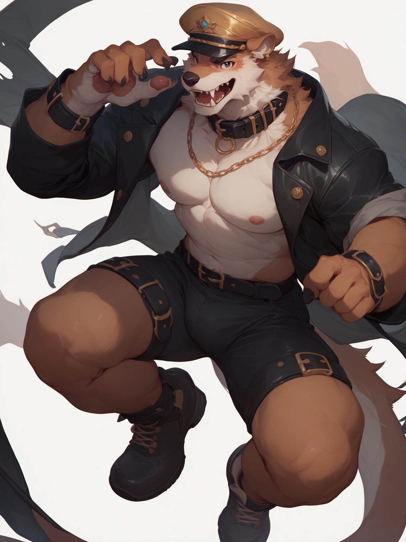 (by darkgem:1.4), masterpiece, best details, realistic, illustration, nude, solo, (anthro), genitals, with bushy pubic hair and armpit hair, snarling, growling, attitude, clear details, powerful, pleasure, self-pleasure, perfect hands, covered in fur, fangs, tongue, paws, claws, tail, detailed nipples, ((anthro male wolf:1.4), sexy guy man, masculine, belly, slim, bulge, tiny shorts, brown fur, yellow belly fur, orange markings, braids, long hair, fluffy, big ears), (musky, body odour:1.4)