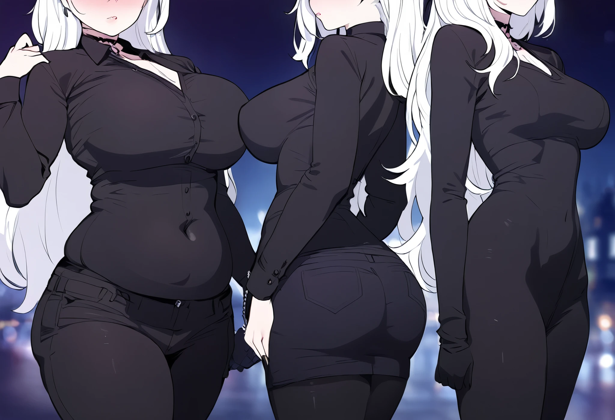 huge breasts, huge ass, big thighs, small waist, white hair, luscious messy hair, tied up hair, tall(adult), business outfit, open blouse, loose tie, perky nipples, white thigh highs, heels, seductive face