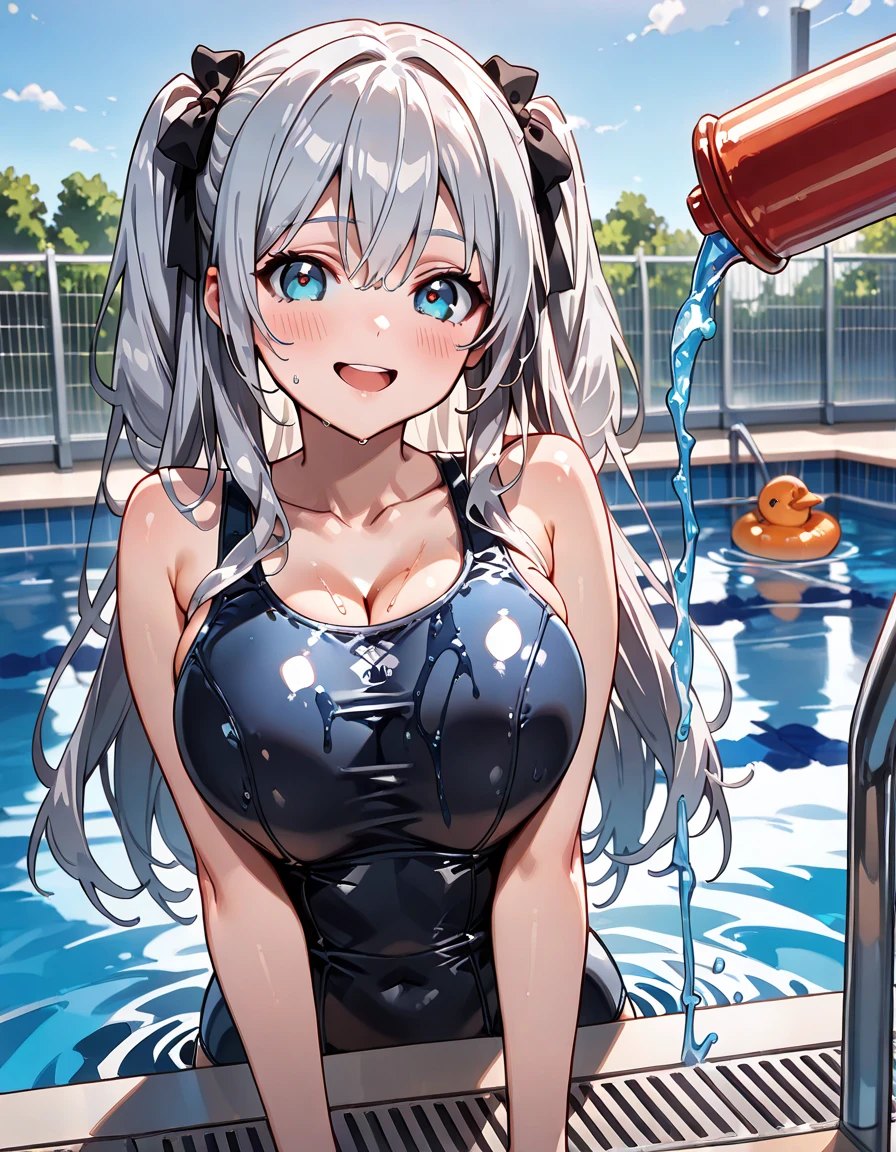 Highest quality,Highest Resolution,A crying beauty in a super high-cut swimsuit,Night Pool,Night view,whole body,up,Very beautiful eyes,(((Drink a drink))),(((Open your mouth and drool))),(((Sweat profusely)))Tears,Big Breasts,(((Tback)))