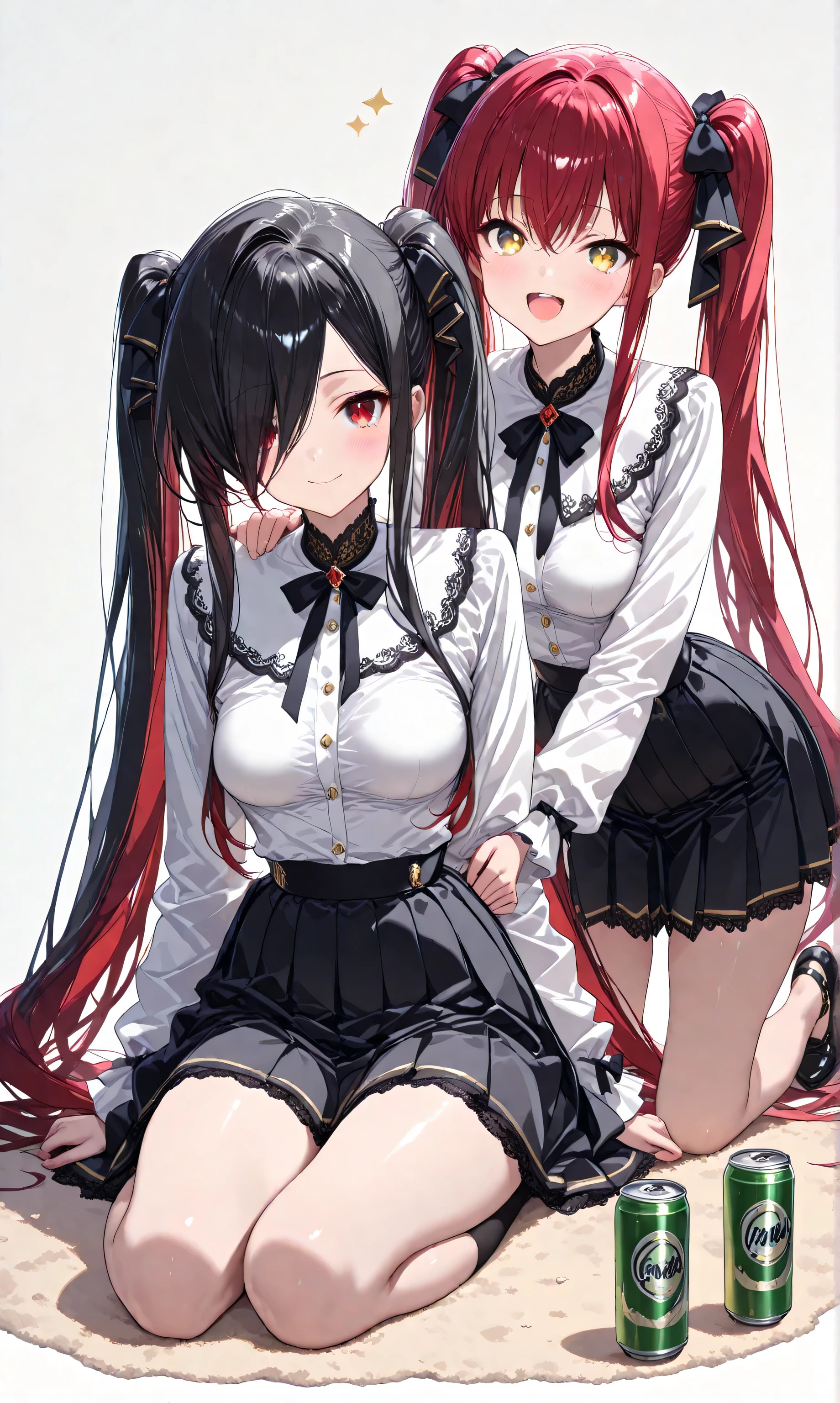 (watercolor: 0.5), ( pastel : 0.5), laughing while sitting , BREAK 2girls, multiple girls, BREAK 1girl, Kuroki Monika, red eyes, black hair, very long hair, hair over right eye, medium breasts, (petite but curvy), (very cute), long twin tails
BREAK 1 girl , golden eyes , very long hair , long sidelocks, red hair , petite , very cute , beautiful ,Straight hair, cool, handsome, hair between eyes, medium breasts 、 long twin tails BREAK holding a can of drink , sitting on the ground , Soft brush , tilt your neck, pink ruffle blouse , black pleated skirt , drink can ribbon accent , Black Lace Trim , pink and black aesthetic , cute Japanese fashion , white minimalist background , video viewers , Drink from a can with a straw , Holding a drink can, full body view. , beautiful, masterpiece, high quality, 4K UHD, ridiculous