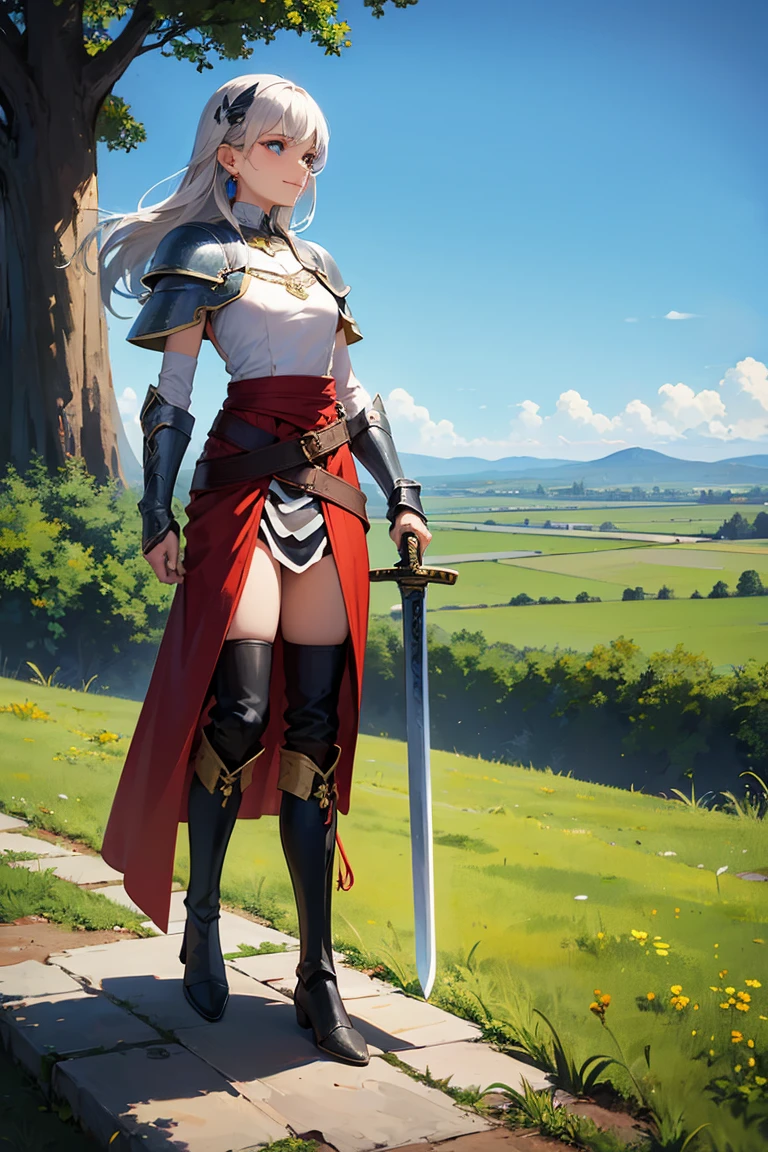 A gorgeous warrior woman of age30, full body shot, (from behind:1.4), skimpy armor, sword, toned abs, tanned skin, battle wounds with some blood, standing in flowery meadows, serene. Not overly muscular. Anime or Semi-Realistic style
