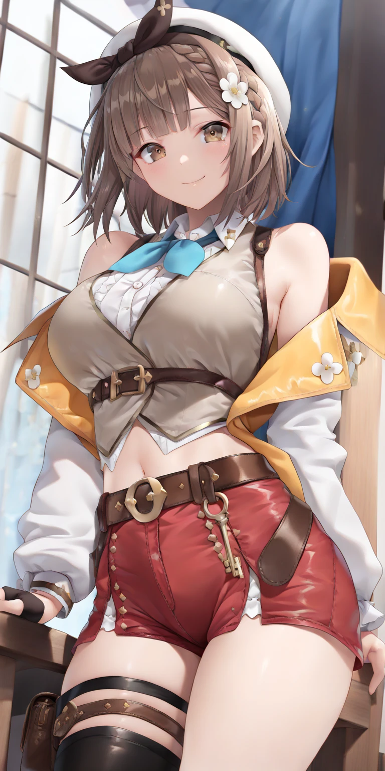&quot;((workshop)), perfect quality, stunning beauty, jeanfavonian, big breasts, black panties, (high-quality anime, Makoto Shinkai), with a wide smile and a red face, is outdoors on a mountain terrace next to hot springs, looking at of the viewer Short hair blowing in the wind, the background is simple and blue, the background is the mountains, and the gaze is directed downwards, at a low angle The lighting is dark, but high heels only enhance the beauty.