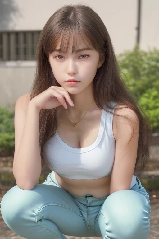 A girl sitting flat　Young face　Around 20 years old