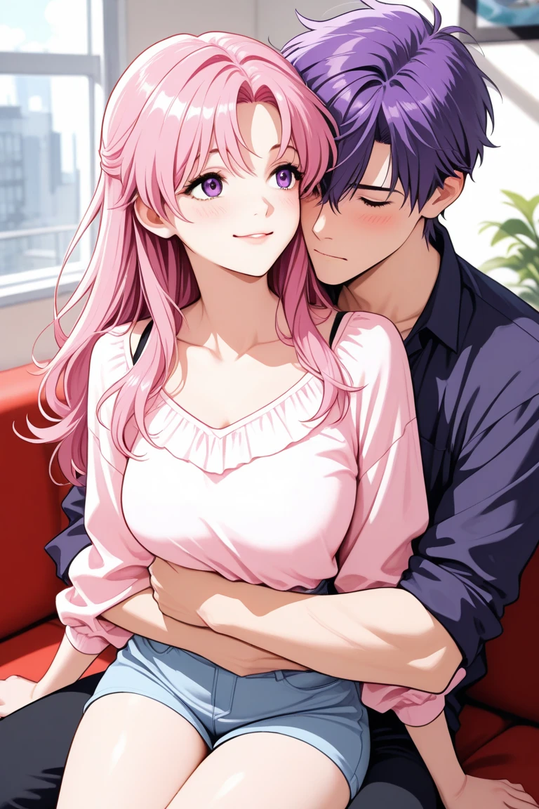 (2D) (anime) casal de um homem e uma mlher se beijando, on a sofa, Mulher por cima do Homem, romance.