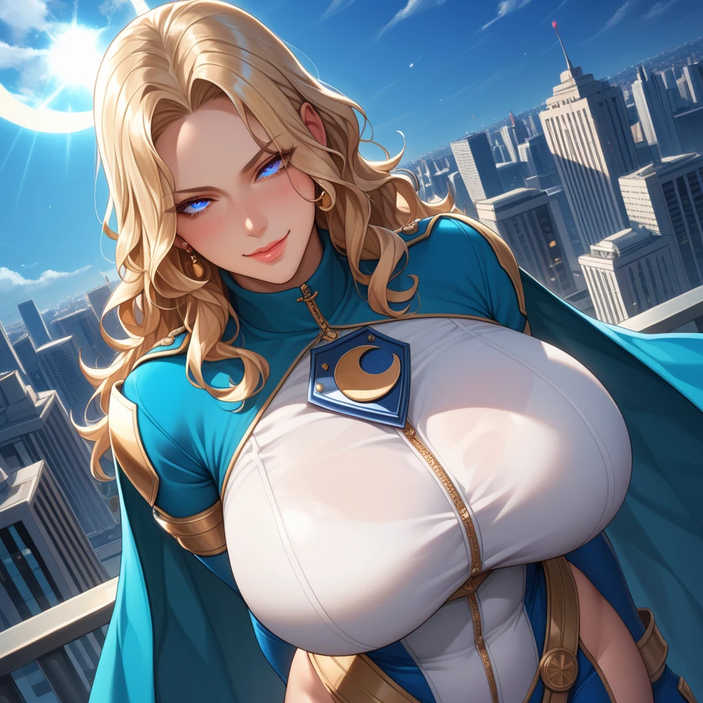 Lian, long white hair, hair stick, bangs, blue eyes, solo, smiling, standing, upper body, hips, bare shoulders,purple thighhighs, blue dress, gold jewelry,armor,gloves,circlet, cleavage, red and gold royal castle, gigantic breasts, (best quality, masterpiece, beautiful and aesthetic:1.2, highest detailed face, perfect face,) eyes, perfect face,expressive eyes,
looking at viewer, in the center of the image,(Upper_body),(Focus on her face),
official art,extremely detailed CG unity 8k wallpaper, perfect lighting,Colorful, Bright_Front_face_Lighting,shiny skin,
(masterpiece:1.0),(best_quality:1.0), ultra high res,4K,ultra-detailed