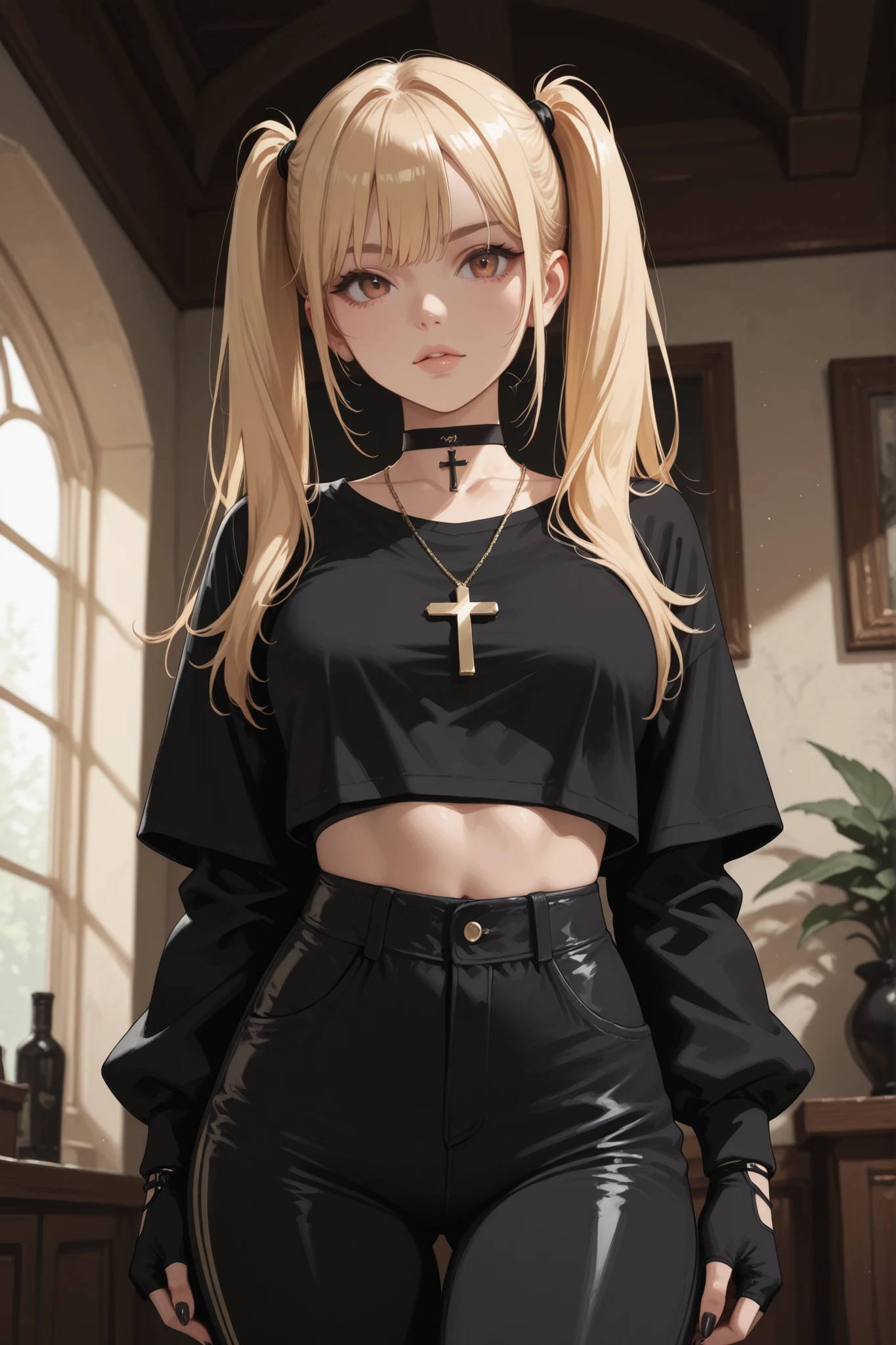 1girl, blonde hair, long twintails, black crop top, long fingerless gloves, black fingernails, black pants, choker, cross necklace, indoors