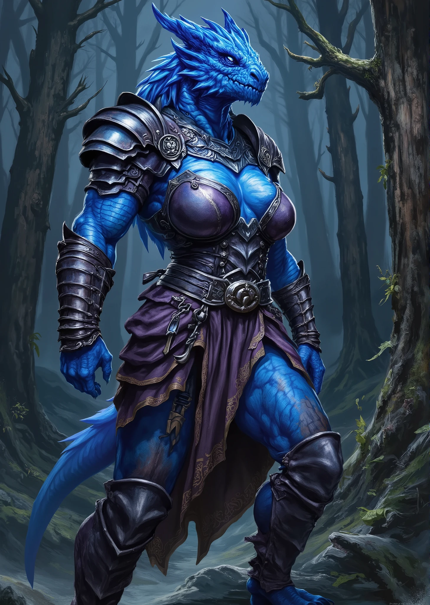 An extremely detailed comic book illustration of an extremely curvaceous Chromatic Blue Dragonborn from Dungeons and Dragons which look like wingless bipedal dragons scaly bright-eyed and thick-boned with horns on their heads with a blue coloration trained as a berserker barbarian from dungeons and dragons heavily muscled powered by the primal forces of the multiverse that manifest as Rage more than a mere emotion this Rage is an incarnation of a predator's ferocity a storm's fury and a sea's turmoil wearing a form fitting sleeveless tunic which appears tough and rugged and emphasizes her massive breasts and extremely long legs with ornate shoulder pads that are intricately designed made of hardened leather a broad embellished belt cinches the tunic adorned with metallic accents and intricate patterns with various decorative elements hanging from it suggesting both style and functionality over a flowing layered skirt that is shorter in front and longer in the back made of a rich fabric whose hem is trimmed with metallic details with hardened leather arm guards or bracers that complement her outfit and provide extra protection blending functionality with an aesthetic that signifies her strength and nobility as a warrior in an art style inspired by Frank Miller and Conan the Barbarian. The Background is awash in dark moody textured brushstrokes of in tones suggesting a haunted forest at midnight. Standing in a dynamic action pose. Trending on Art Station.