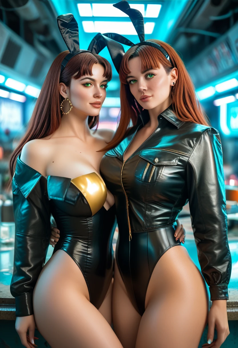 woman, redhead,red long hair, blue eyes, blue mettalic cloth with shoulder pad, golden stripes, cleavage, big breast, blue corset, blue mettalic skirt , golden gloves,standing in a mall hall