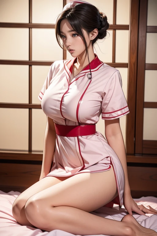 Pornographic Images,Cinematic scene,Fantasy Art,Highest image quality,hyperrealistic portrait,(8K),Ultra-realistic,Best Quality,High quality,High Definition,high quality texture,high detailing,Beautiful detailed,fine detailed,extremely details CG,Detailed texture,realistic representation of face,masutepiece,presence,Dynamic,Bold,1gir,(ideal ratio body proportions:1.5),Ultra detailed skin,Curve,,Beautiful breasts,Large breasts,pale skin,pointed breast,Erect nipples,(Thin hair),(Soft hair),(ultra straight hair),Swept long bangs,very light coppery amber hair,Hair over one eye,(pink nurse uniform:1.3),(gravure pose:1.5),(hospitals、Hospital Room、Patient bed:1.5)