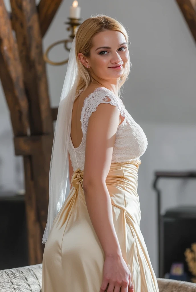 Realistic full body photo of a smiling blonde woman with long hair, ponytail hairstyle, She dances in front of the camera in a long A-line wedding dress with straps made of shiny satin., Park,glamour fotoshooting, Wedding celebration, perfect anatomy, perfect blue eyes. Perfect hands with 5 fingers on each hand, Matching girl, look into the camera, 1 Frau. (Eye make up:1.1), (highly detailed skin:1.1), spirit, analog style, keen focus, 8K UHD, dslr, good quality, Fujifilm XT3, Grain, Award-winning, masterpiece. Wedding celebration