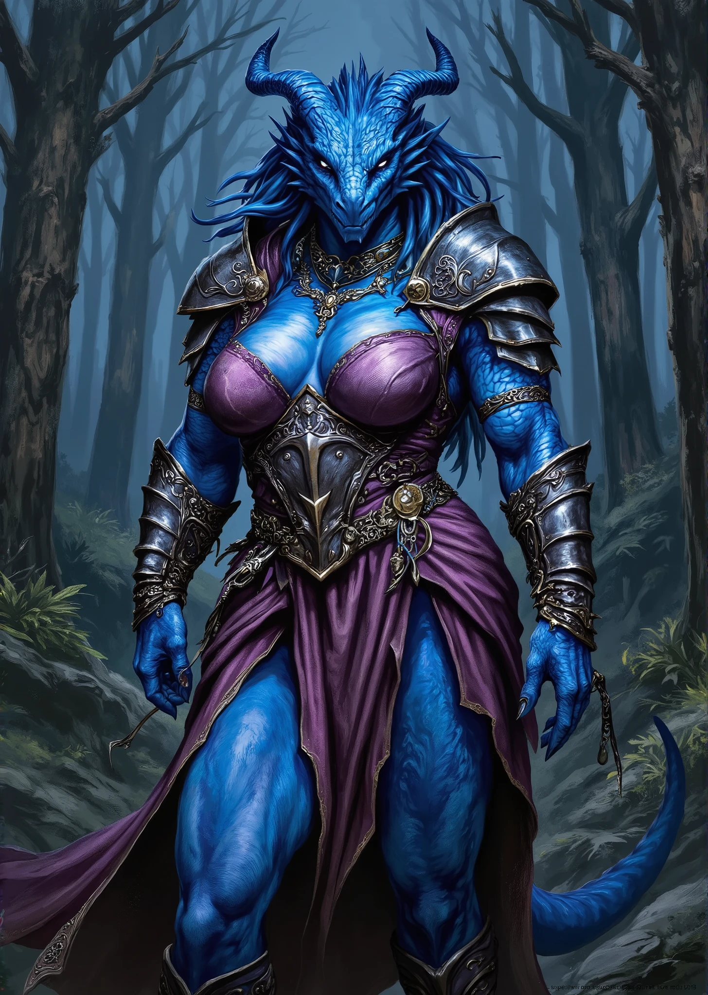 An extremely detailed comic book illustration of an extremely curvaceous Chromatic Blue Dragonborn from Dungeons and Dragons which look like wingless bipedal dragons scaly bright-eyed and thick-boned with horns on their heads with a blue coloration trained as a berserker barbarian from dungeons and dragons heavily muscled powered by the primal forces of the multiverse that manifest as Rage more than a mere emotion this Rage is an incarnation of a predator's ferocity a storm's fury and a sea's turmoil wearing a form fitting sleeveless tunic which appears tough and rugged and emphasizes her massive breasts and extremely long legs with ornate shoulder pads that are intricately designed made of hardened leather a broad embellished belt cinches the tunic adorned with metallic accents and intricate patterns with various decorative elements hanging from it suggesting both style and functionality over a flowing layered skirt that is shorter in front and longer in the back made of a rich fabric whose hem is trimmed with metallic details with hardened leather arm guards or bracers that complement her outfit and provide extra protection blending functionality with an aesthetic that signifies her strength and nobility as a warrior in an art style inspired by Frank Miller and Conan the Barbarian. The Background is awash in dark moody textured brushstrokes of in tones suggesting a haunted forest at midnight. Standing in a dynamic action pose. Trending on Art Station.