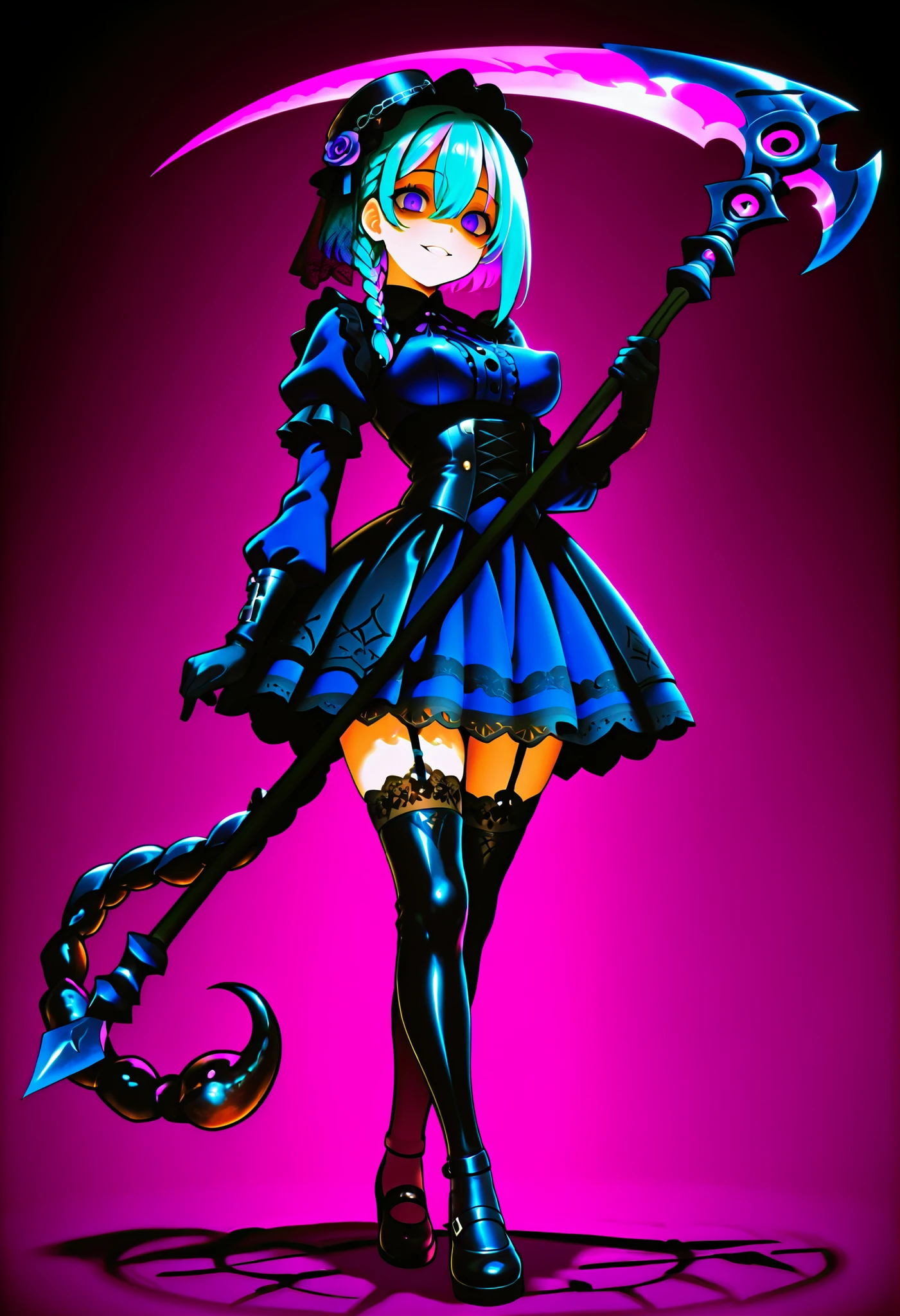 Serket. Scorpion girl. Lavender colored hair. Single braid. Gothic dress. Purple and blue dress. Ruffles. Lace veil. Small gothic hat. Yandere eyes. Scythe. Holding a weapon. Perky breasts. Scorpion legs. Scorpion claws. Scorpion tail. Black carapace. Multiple legs.