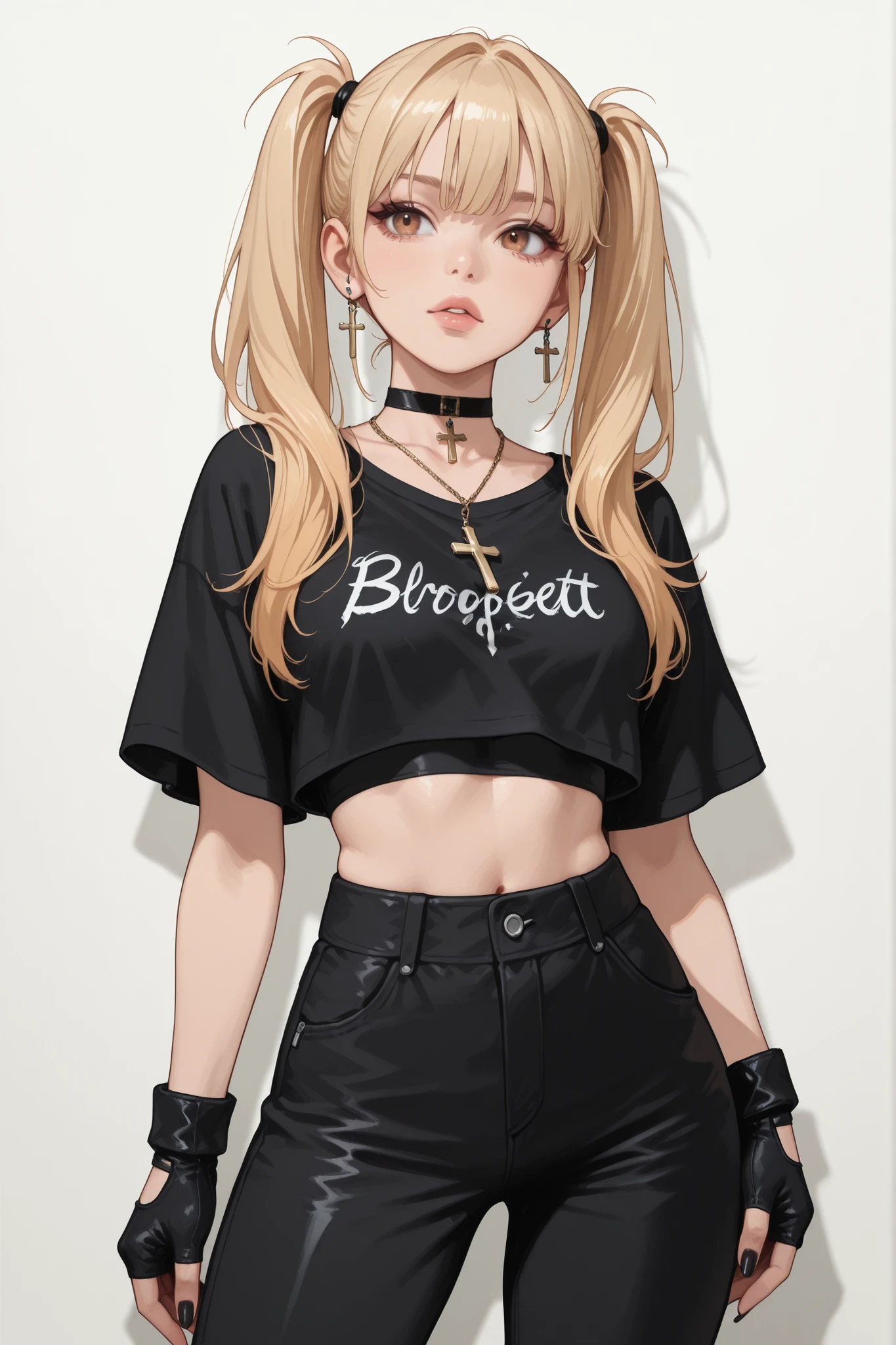 1girl, blonde hair, long twintails, black crop top, long fingerless gloves, black fingernails, black pants, choker, cross necklace