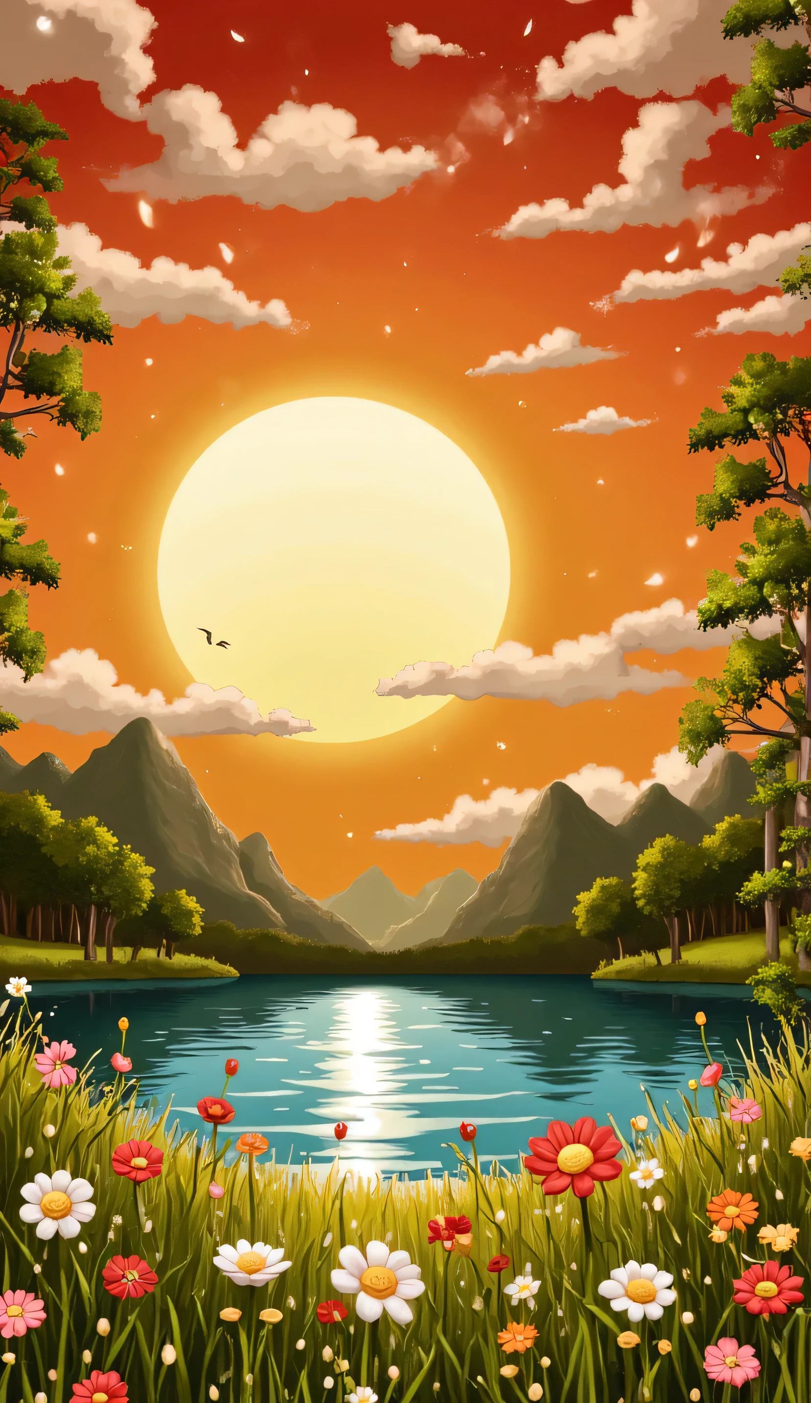 grasses land beside many tree . A vibrant and intricately detailed illustration of various flowers ,A vibrant and style landscape above a serene lake. a large, radiant VECTOR flat flat sunrise against a dramatic red and yellow sky, surrounded by a tranquil forest . Lush green leaves and branches scene, enhancing the natural feel. The BLUE water glistens with hues of blue and orange,capturing the beauty of a serene sunrise.big flat land surface grass stone road and wood center of view , A vibrant and colorful scene featuring a illustrator design,grass under colorful land on grasses, .This image features a charming, cartoon-style illustration ,The soft colors and whimsical design create a tranquil and inviting atmosphere. If you have any specific questions or requests related .