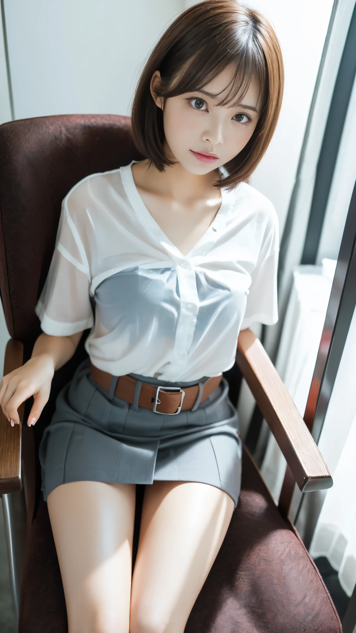 ultra highres,(reality: 1.4),highest quality, masterpiece, high detail, 16K quality, beautiful, 1 beautiful girl,japanese,super beautiful face,baby face,japanese idol face,cute face,super detailed face,detailed hand,beautiful skin,sweaty skin,big eyes,big smile,profeccional lighting,short hair, black hair,brown beautiful eyes, see through white shirt,cleavag,checked skirt,sitting with knee up,((spread legs)),skirt lift,(((show off panty))),((white panty)),medium breasts,she is looking at the camera,modern style classroom,nsfw,from front,