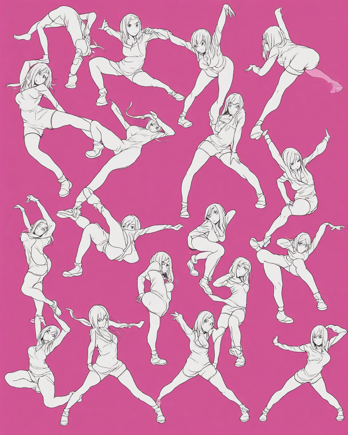 dynamic anime fight poses, female, body sketch poses, hyper, animated, intense posing,