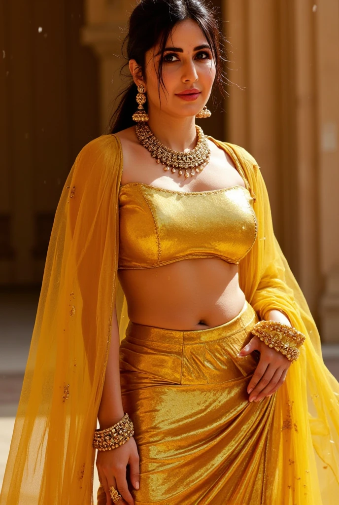 upper half body of (A hyper-realistic), (illustration), (high resolution), (8K), (highly detailed), (The best illustration of beautiful detailed image), (top-quality), (big breasts with bra}, (ultra-detailed), (masterpiece), (beautiful attractive face), long hair, Earrings with bangs, ((20 year old Pakistani beautiful girl)) , (((wearing Indian silk traditional sari draping ))) , (((Glamorous body))) , Elegant Pose, Seduction pose, Looking at the camera, beach background