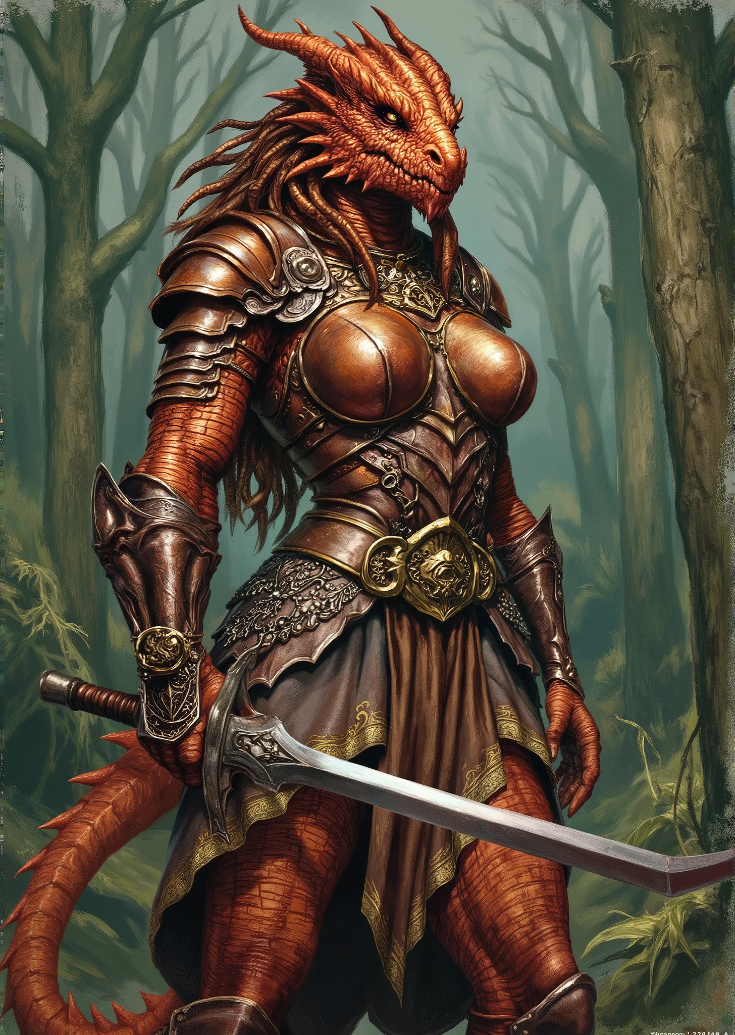 An extremely detailed comic book illustration of an extremely curvaceous Metallic Copper Dragonborn from Dungeons and Dragons which look like wingless bipedal dragons scaly bright-eyed and thick-boned with horns on their heads with a copper coloration trained as a barbarian following the Path of the Wild Heart from dungeons and dragons heavily muscled powered by the primal forces of the multiverse that manifest as Rage more than a mere emotion this Rage is an incarnation of a predator's ferocity a storm's fury and a sea's turmoil with bestial features such as a bear's resilience an eagle's speed a wolf's cunning an elephant's strength an owl's wisdom or a spider's stealth a lion's splendor a falcon's wings or a ram's horns wearing a form fitting sleeveless tunic which appears tough and rugged and emphasizes her massive breasts and extremely long legs with ornate shoulder pads that are intricately designed made of hardened leather a broad embellished belt cinches the tunic adorned with metallic accents and intricate patterns with various decorative elements hanging from it suggesting both style and functionality over a flowing layered skirt that is shorter in front and longer in the back made of a rich fabric whose hem is trimmed with golden details with hardened leather arm guards or bracers that complement her outfit and provide extra protection blending functionality with an aesthetic that signifies her strength and nobility as a warrior in an art style inspired by Frank Miller and Conan the Barbarian. The Background is awash in textured brushstrokes of forest green and natural earthy tones. Standing in a dynamic action pose. Trending on Art Station.