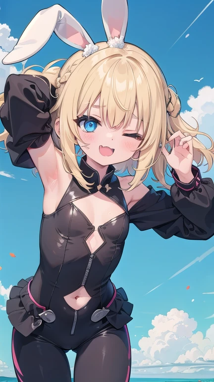 masterpiece, mountainous horizon, black robe, (((((black bikini armor))))) , 1 girl,blonde blue eye, ((((((hair over one eye,)))))), Braidスタイル, spike hair, dull bangs, bob hair, Braid, Ahoge, cute eyes looking at the viewer ((from front)), close mouth, ((disdain)), ((looking up:1.3))), (face close up:1.3), (((no pupils))), simple eyes, restrained, Are standing, (fang), ((simple eyes)), arms up behind,navel,grmin,cowboy_shot,pov,blush,armpits,ecstasy,fang,tongue