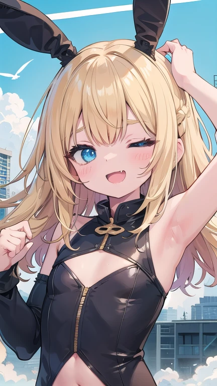 One girl、A little sexy、shiny gold platinum blonde hair,Red sparkling eyes、one eye closed,detailed cute eyes,(glowing eyes:1.4),laugh heartily,((Droopy eyeedium Curl Hair、Dog ears、playful smile,car wash glistening light of Water splash Full of bubbles,small breasts,(Bare, overalls:1.3),large breas,drenched, blue sky, best quality,arched back,