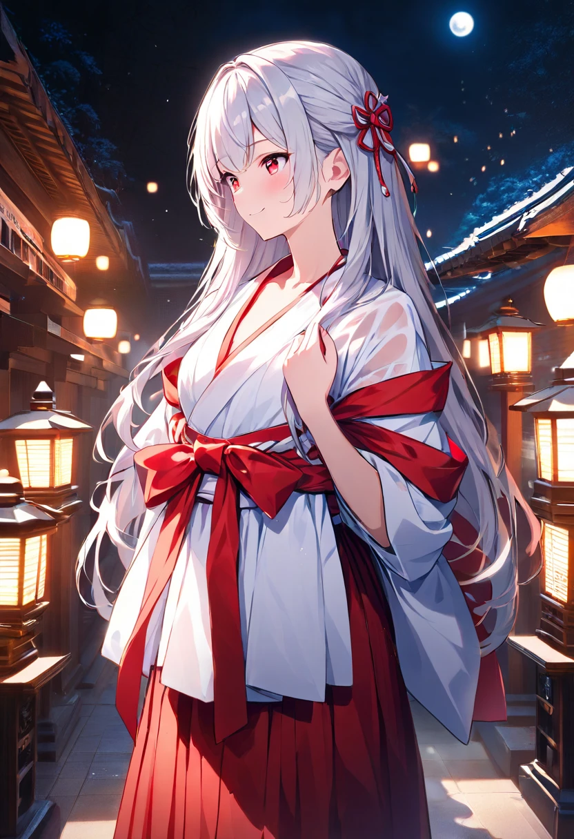 1 girl,change , Long white hair, Blue and pink eyes, Wearing a red Miko dress, A Japanese shrine, absurd res, A high resolution, Super sharp, Anime art wallpaper 4k, tmasterpiece, looking at viewert