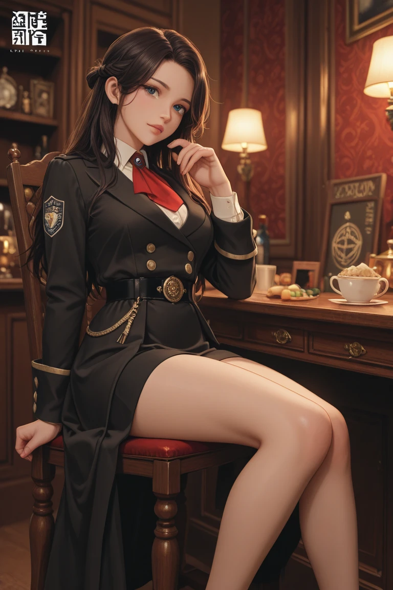 Full body, whole body, head to toe, (masterpiece:1.3),(highly detailed:1.3),(highres:1.1),best quality,Ultra-detail,1girl,solo,jelotopaz,hair ornament,black jacket,collared shirt,cleavage,detached sleeves,black elbow gloves,belt,coin,
