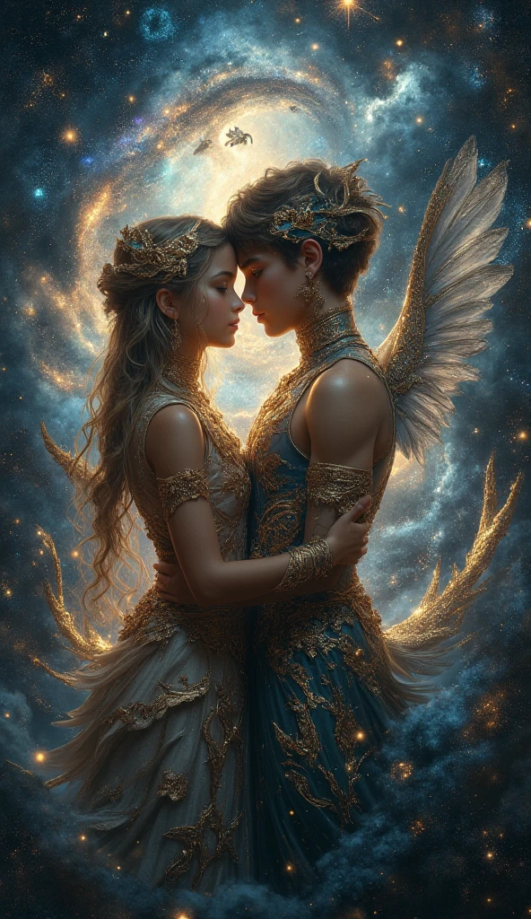 Blue two angels in the sky with a heart in their hands, some cosmic angels, beautiful gemini good and evil, twin souls, in the astral plane ) ) ), symmetrical epic fantasy art, infinite angelic wings, spiritual imagination of duality, ethereal aurora spirits, dan mumford and alex grey style, fractal thunder dan mumford, beautiful gemini twins alchemy, thunder God fantastic, detailed, wide, wallpaper 4k, wallpaper 4, realistic, Zen, dharmachakra, yin yang in middle love, tidak cacat, sangat detail