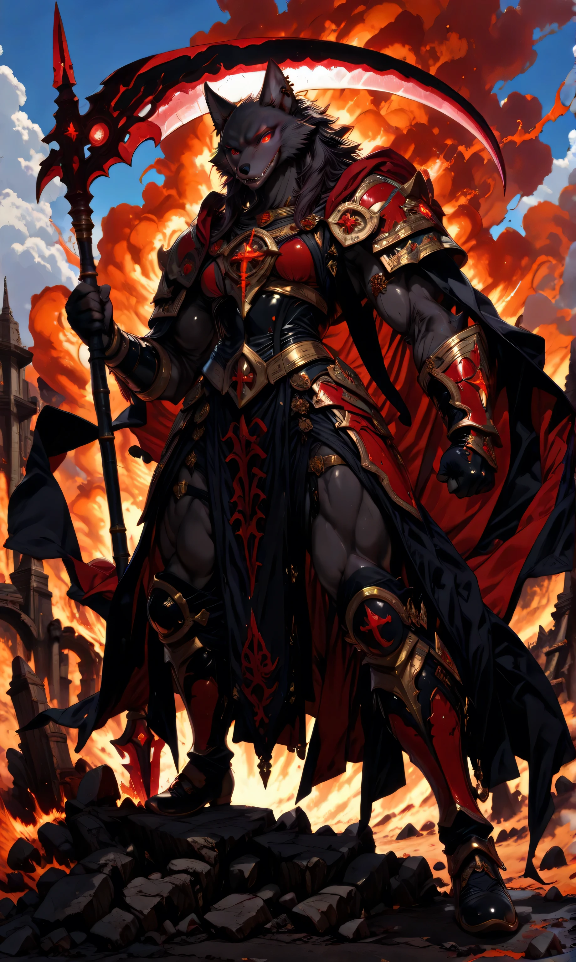(((Masterpiece))), (((Ultra high quality))), (((16K))), ((Full body shot))
Create a hyper-realistic digital painting of a fearsome wolf warrior. This anthropomorphic warrior combines both ferocious wolf and humanoid traits, with piercing red eyes and sharp wolf ears. His muscular build is accentuated by intricately designed, dark, battle-worn armor. The warrior wields a massive, ornate scythe that radiates a subtle yet sinister glow, hinting at dark, mystical power. Surrounding his figure is a vivid, dynamic red aura that intensifies his supernatural presence. The background features a desolate, ancient battlefield shrouded in swirling mists and fragmented ruins, enhancing the overall ominous and epic atmosphere of the scene.
