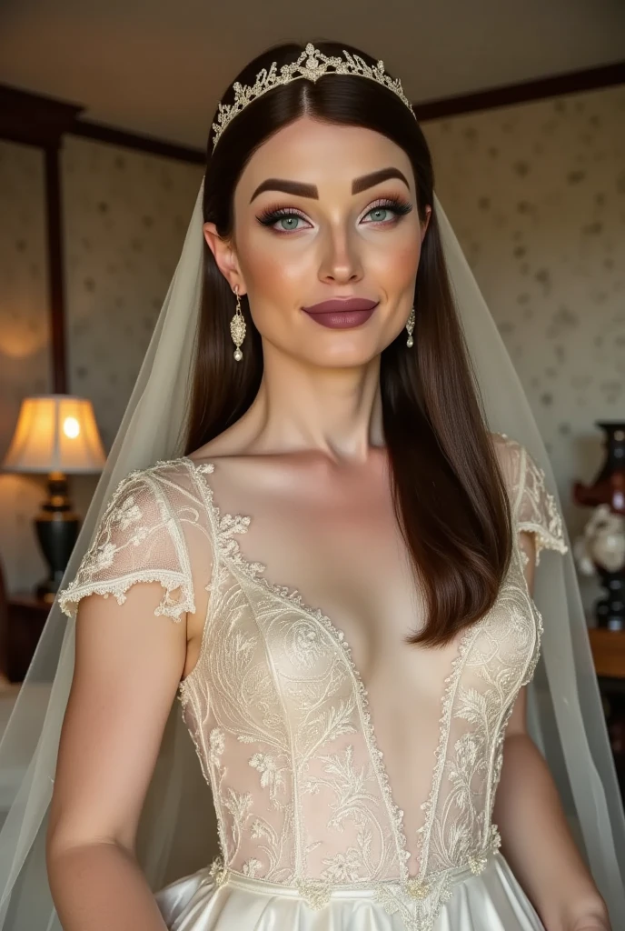 Lucy Pinder, smiling, (Adele),((VERY INTENSE MAKEUP)), bright lipstick, Chubby woman, neckline, dressed a bride
