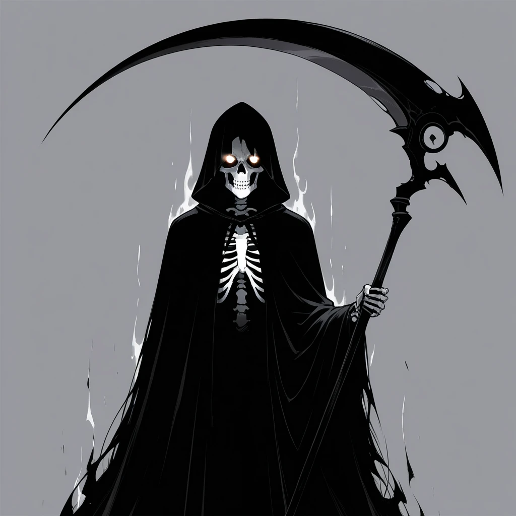 Soldaldo's skull with a crow on his shoulder and a scythe in his hand