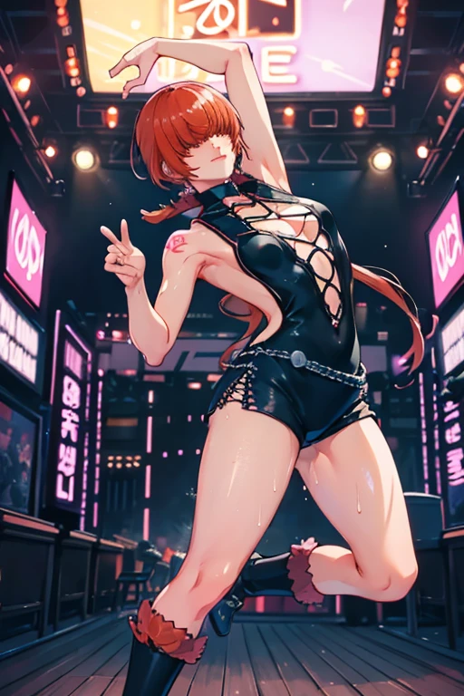 (at night), in a video game scene with a neon background and a neon light, standing at attention, pink suit, pink jacket, choker, neckline, cut of clothing, earrings, has long bangs in her hair that covers eyes ((hair over eyes)), 1 girl, 20 years old, young woman, beautiful finger, beautiful long legs, beautiful body, beautiful nose, beautiful character design, perfect face, looking at the viewer (focusing on her face) , closed mouth, Light_Smile, official art, extremely detailed CG unity 8k wallpaper, perfect lighting, bright and colorful front lighting, glowing skin, (masterpiece: 1.0), (best_quality: 1.0), ultra high resolution, 4K, photography ultra detailed, 8K, HDR, high resolution, absurdities:1.2, Kodak portra 400, film grain, blurred background, bokeh:1.2, lens flare, (vibrant_color:1.2), professional photography, (Beautiful, breasts: 1.4), (beautiful_face: 1.5 ), (narrow waist),