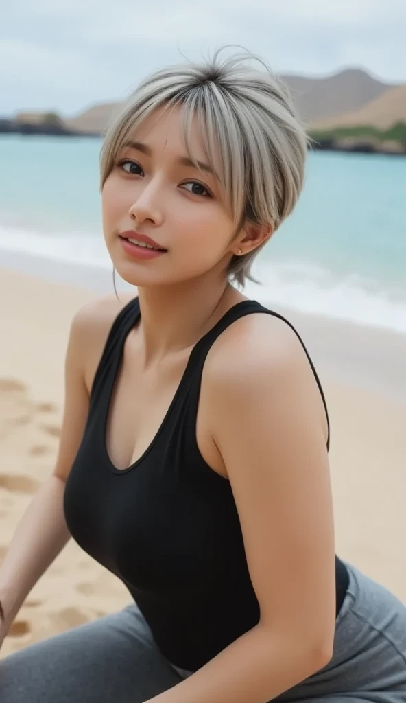 highest quality, figure, super detailed, finely, High resolution, 8k wallpaper, 完璧なダイナミックな構figure, beautiful skin, (big eyes), 20 year old beautiful girl, natural color lip, (sexy pose), mid chest, smile, Highly detailed face and skin texture, Detailed eyes, Double eyelid,leaking teeth and laughing, close-up, from behind, blonde short hair, (black cutter shirt:1.2), seaside