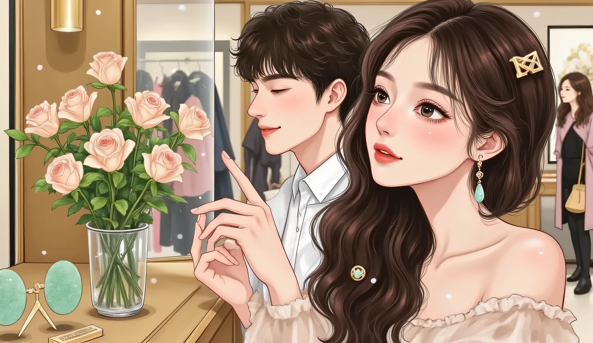 A beautiful elegant woman (Thẩm Chiêu) in a luxury shopping mall, admiring a pair of fan-shaped jade earrings behind a glass display. She wears a sleek designer outfit, flawless Douyin makeup, glowing skin, red lips. Her right hand is gently touching the glass, left hand holding her partner’s arm naturally. A handsome man (Lâm Thâm) stands beside her, smiling. Realistic hand anatomy, 5 fingers, no distortion. Soft golden light. Semi-realistic manhwa style.