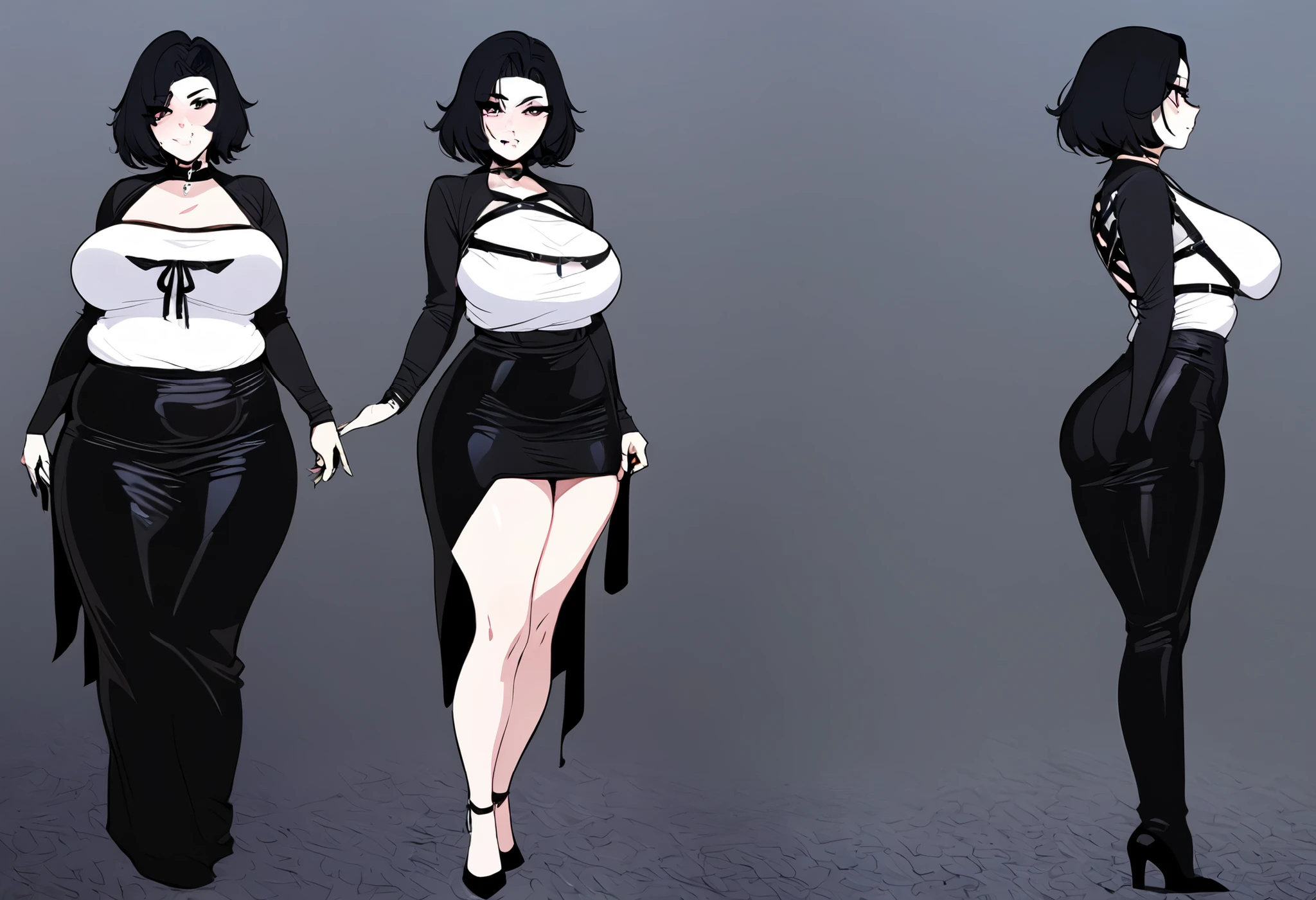 masterpiece, best quality, high quality, doomer girl, goth gf, standing, night background, correct anatomy, sequence, from skinny to chubby, full body shown