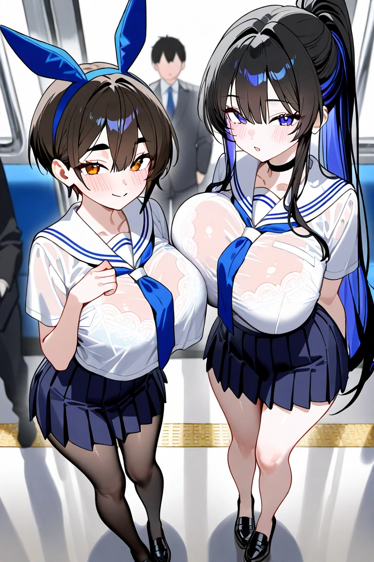 2lady(different hair style and clothes color), ((ultra-quality)), (Bukkake:1.5), (side view), (profile), (from side), (sexy back), (side colossal tit:1.8), (large side areola), (nude upper body), (in 8K), (arms behind back:1.5), (arms are down), ultla highres, Hyper Detailed, High contrast, Ultrafine Strike, creative refinement, absurdres, Realistic, extremely detailed CG unified 8k wallpaper, Highly detailed, High-definition raw color photos, professional photograpy, Realistic portrait, Cinematic Light, Beautiful detailed, 28 years old woman, (realistic skin:1.3), (shiny skin), (Best Quality:1.4), Super Detail, High quality, master piece, lifelike, (After SEX), Bukkake, Perfect face, (cum on chest:1.5), (Bukkake:1.3), (cum on clothes:1.3), (Sharp Focus), (upper body), (close up), Delicate Beautiful Hair and Eyes and Face, Delicate eyes, radiant eyes, Lifelike, Hyper-detailing, (Wearing a dark sailor uniform:1.3), (school costume), (dark sailor collar), (black japanese school shirt), (exposed), (pleated skirt), (large areola:1.2), (colossal tits:1.6), (big breasts:1.5), (Beautiful breasts:1.5), (exposed breasts), (puffy nipples:1.3), (sexy nipples:1.3), (arms behind back:1.3), Beautiful cute woman, camel-toe details, (NSFW), wet clothes, pale black eyes, (bob cut), (ponytail), (asymmetrical bangs), (smooth stomach)