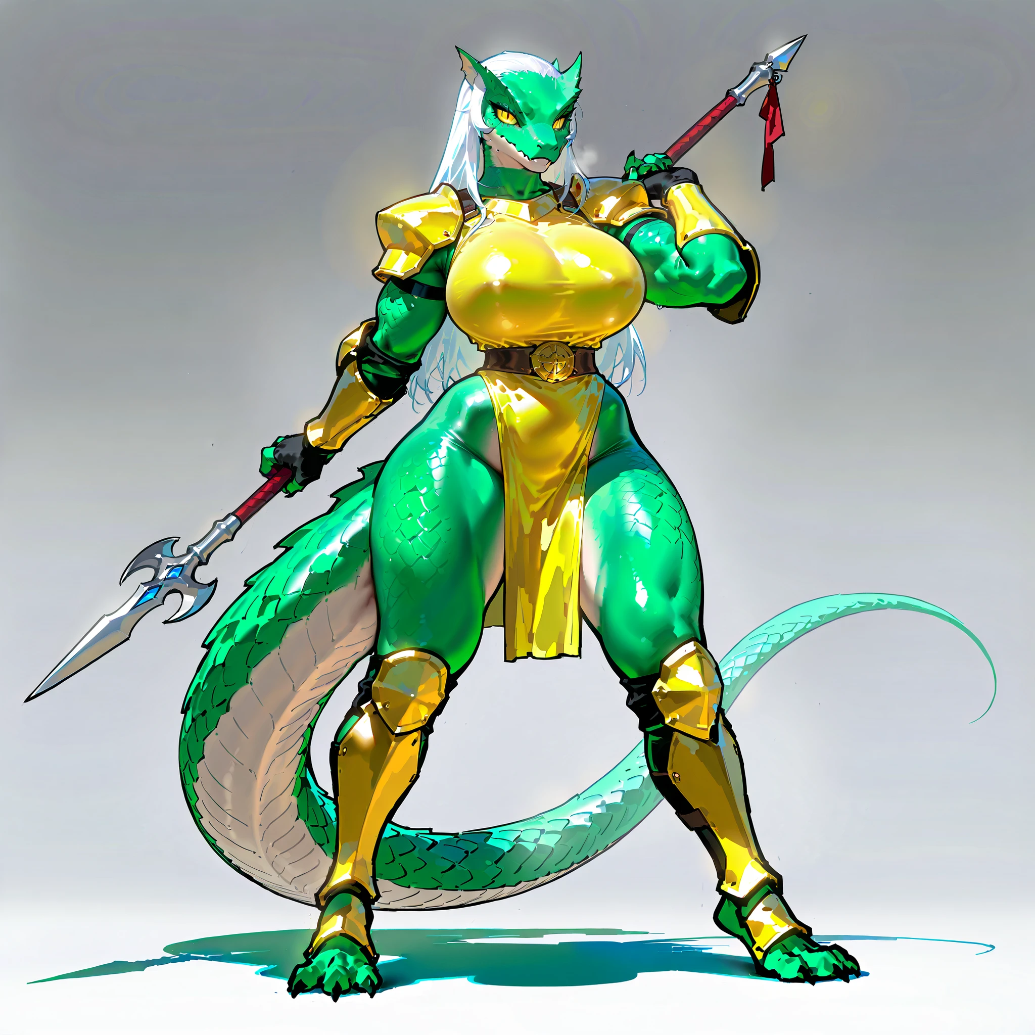 (((masterpiece))) , (((Best Quality))) , ((Ultra-detailed)) , (High Definition anime Illustration) , ((extremely delicate and beautiful)) , solo , Full body , Noble lizardfolk healer lady , lizardman , lizard body , lizard head , lizard scales , pale-green skin , lizard tail , with perfect eyes , lizard eyes , yellow eyes , white hair , black pupils , erotic fighter armor , sturdy scaled limbs , thick long tail . huge hips , ((held long spear and action posing)) , very confident , (Super huge big breasts) , (breast enlargement)(thick legs)(muscular)(Character Focus) , highly detailed , Colorful , highest details , dressed , very massive , full body standing , Digital Painting , 8K High Resolution , trend art station , Whole body , (((white background)))(dungeons and dragons)